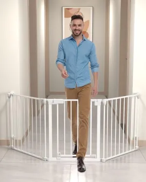 25.6" Tall Baby Gate,80" Extra Wide Baby Gate Easy to Pass,Auto Close Dog Gate with Door Walk Through, Pet for House Stairs Doorways Fireplace, 3 Metal Panels, Hardware Mounted Baby Fence(White)