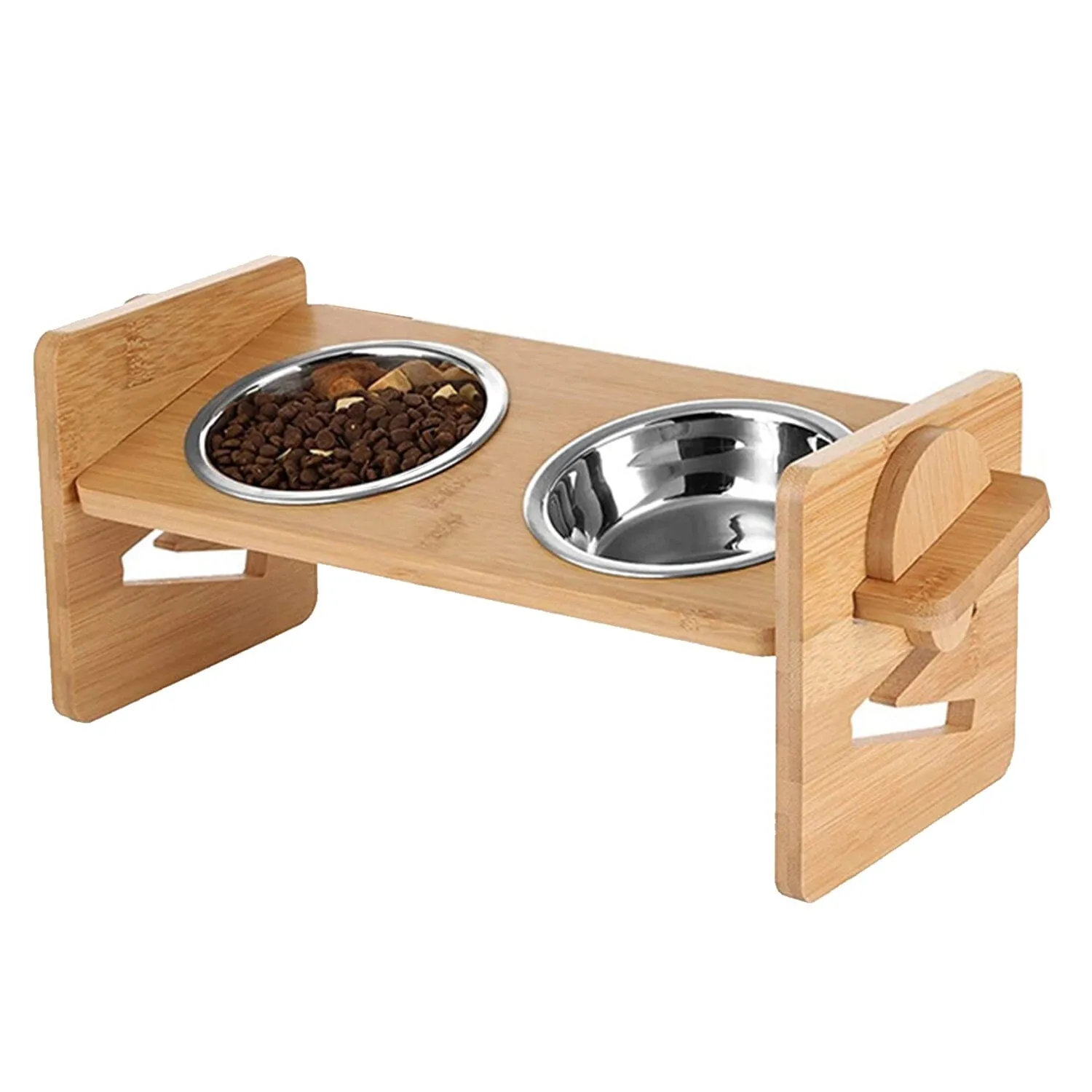 5°Tilt Bamboo Double Elevated Dog Bowls with 4 Adjustable Heights