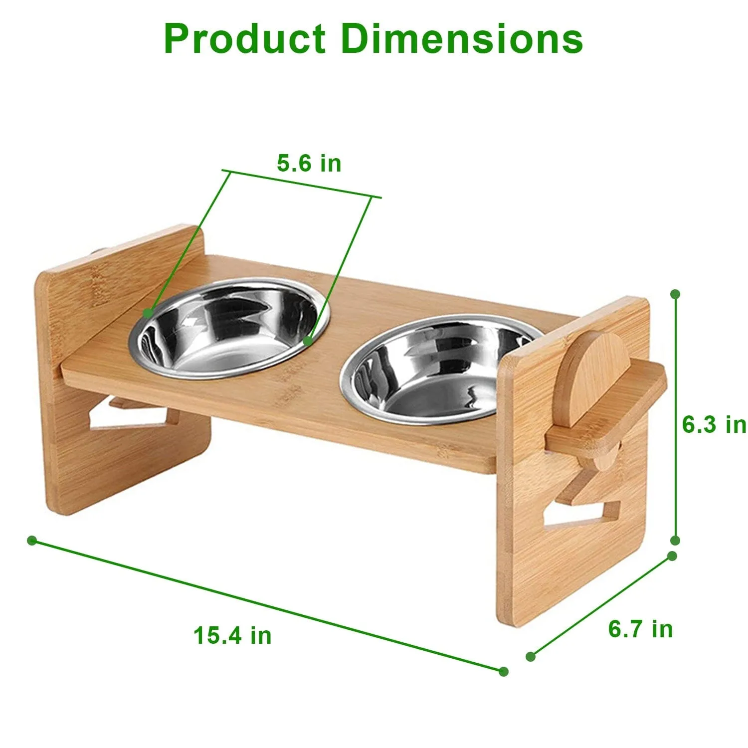 5°Tilt Bamboo Double Elevated Dog Bowls with 4 Adjustable Heights