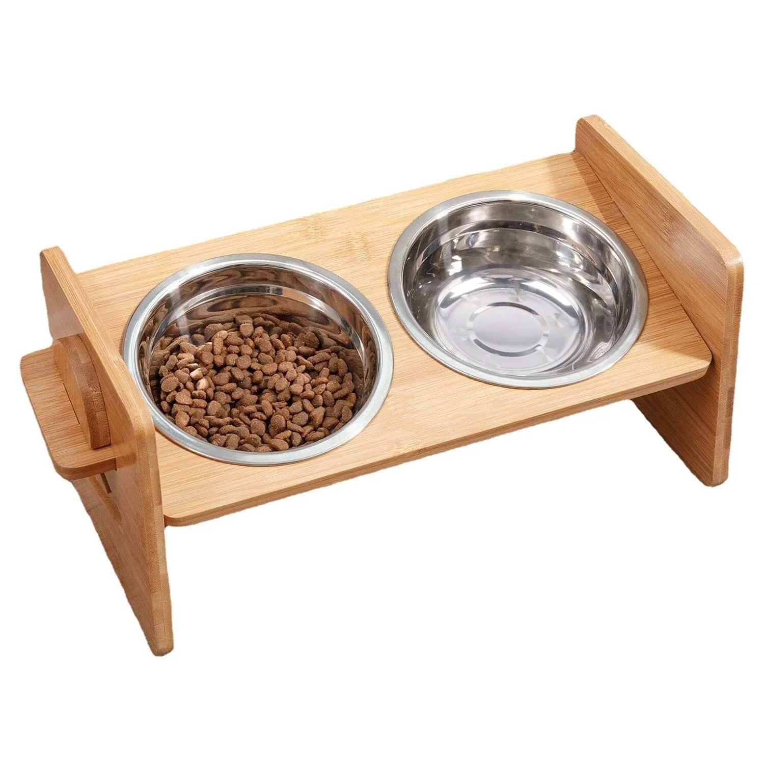 5°Tilt Bamboo Double Elevated Dog Bowls with 4 Adjustable Heights