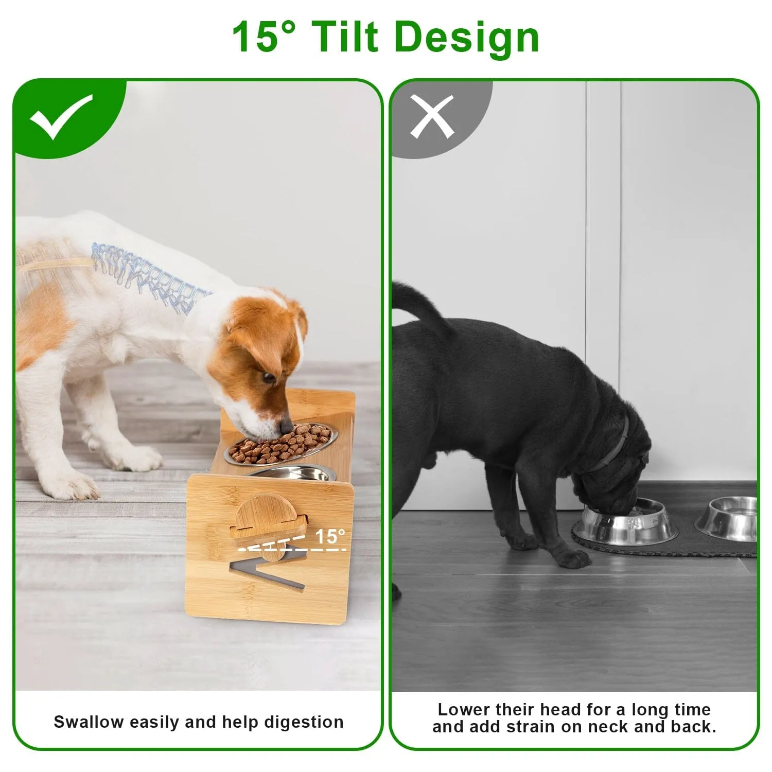 5°Tilt Bamboo Double Elevated Dog Bowls with 4 Adjustable Heights