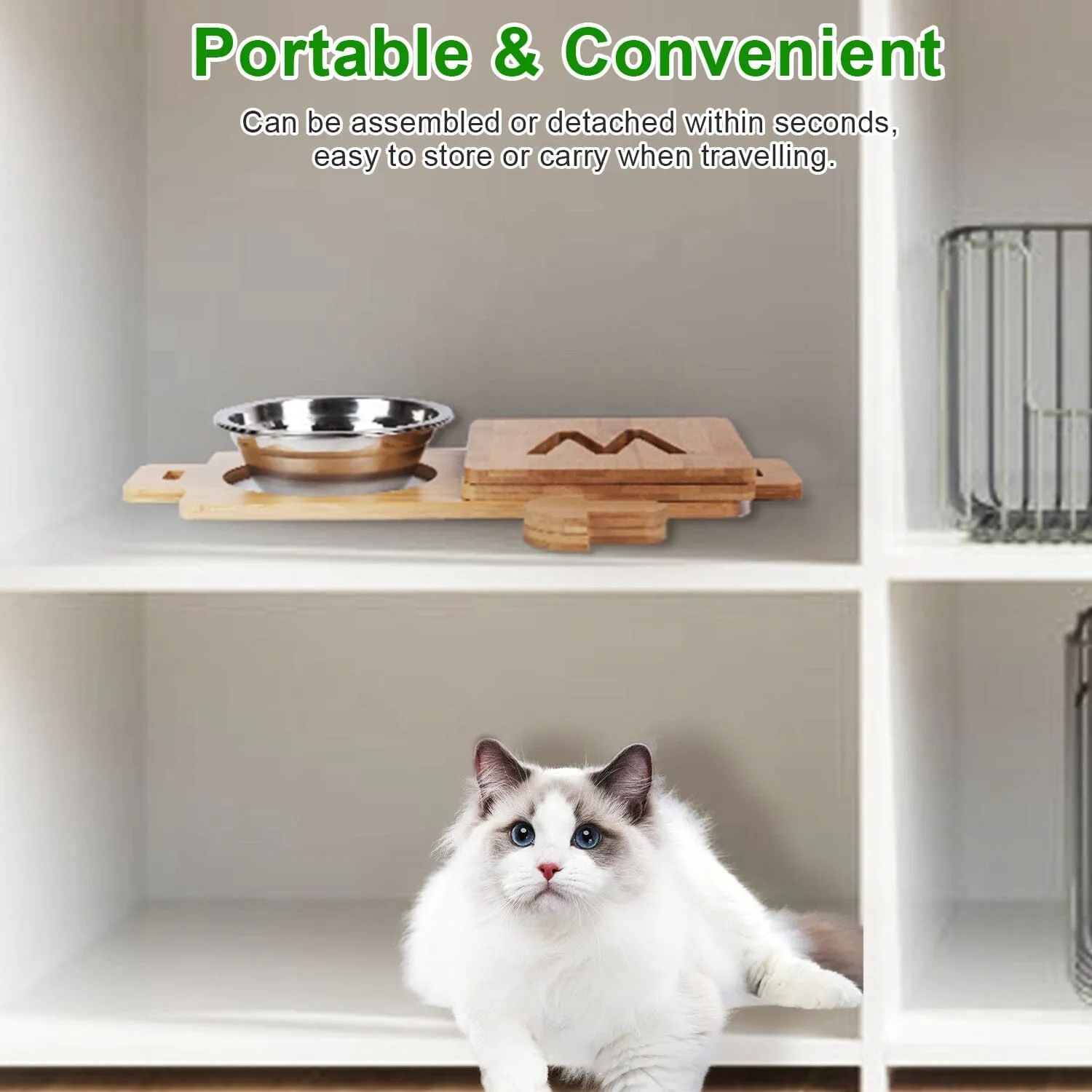 5°Tilt Bamboo Double Elevated Dog Bowls with 4 Adjustable Heights
