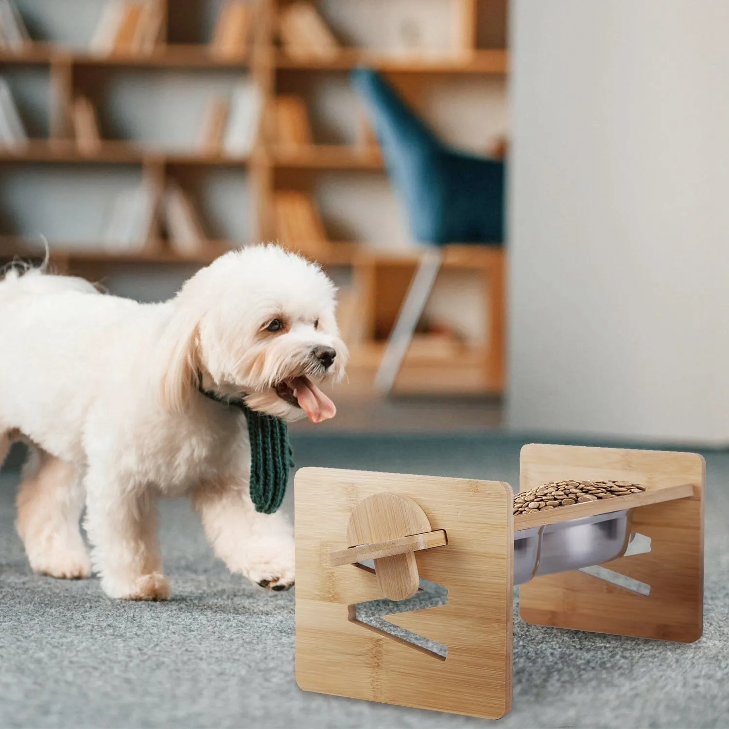5°Tilt Bamboo Double Elevated Dog Bowls with 4 Adjustable Heights