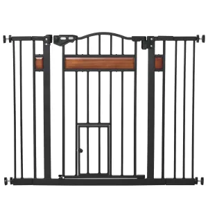 Dog Gate with Cat Flap Pet Safety Gate Auto Close Double Locking Pine Wood Decoration for Doorways Stairs Indoor 74-105 cm Wide Black