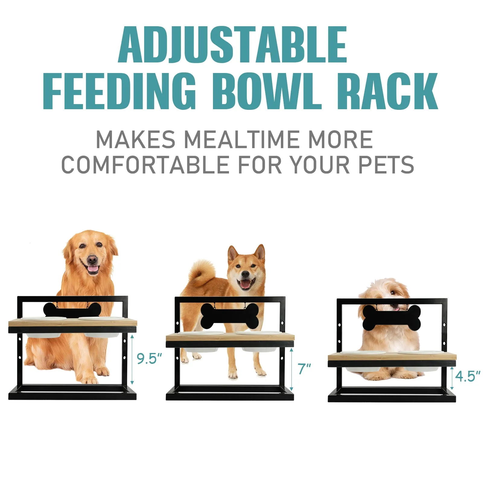 Elevated Dog Bowls Adjustable to 3 Heights for Dog Ceramic Food and Water Bowls