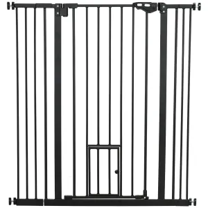 Extra Tall Pet Gate Indoor Dog Safety Gate with Cat Flap Auto Close 74-101cm Wide - Black