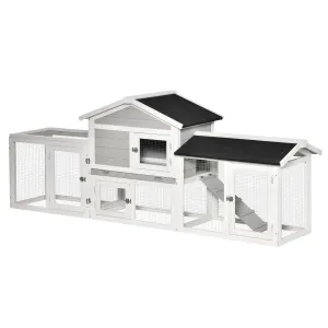 PawHut 2 Tier Wooden Rabbit Hutch w/ Tray, Ramps, Asphalt Roof for Outdoor Grey