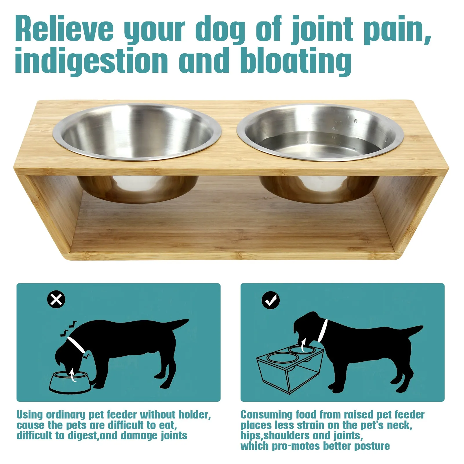 PetSmart 3” High Bamboo Elevated Dog Cat Dog Feeder with 2 Stainless Steel Bowls, Raised Stand Pet Feeder Perfect for Small Dogs & Cats