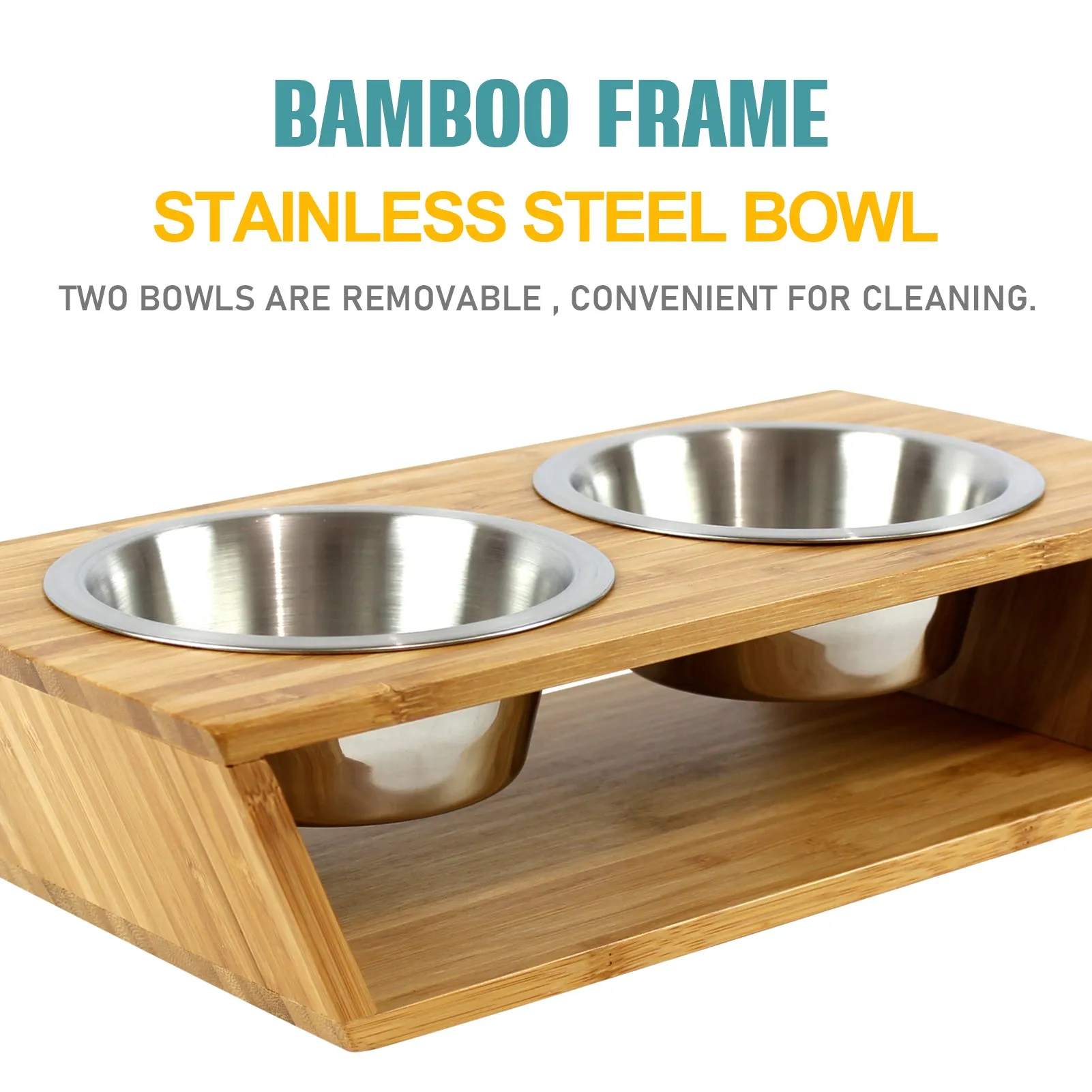 PetSmart 3” High Bamboo Elevated Dog Cat Dog Feeder with 2 Stainless Steel Bowls, Raised Stand Pet Feeder Perfect for Small Dogs & Cats