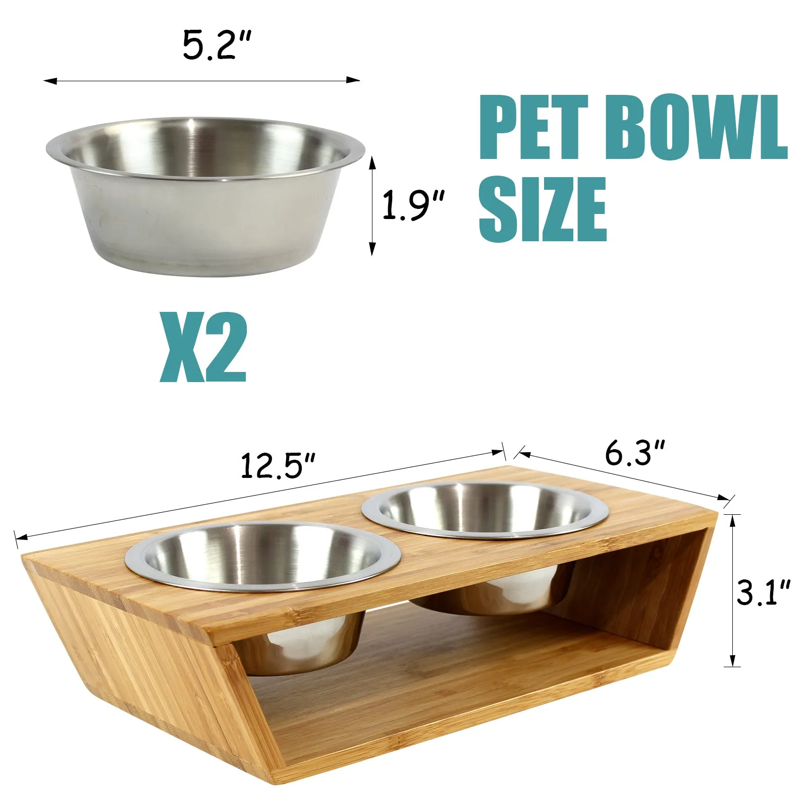 PetSmart 3” High Bamboo Elevated Dog Cat Dog Feeder with 2 Stainless Steel Bowls, Raised Stand Pet Feeder Perfect for Small Dogs & Cats