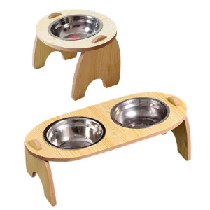 Wood Frame Slanted Pet Feeding Stainless Steel